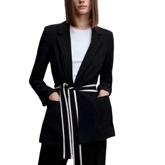 Jason Wu black & ivory tie waist blazer jacket sz M pockets small shoulder pads